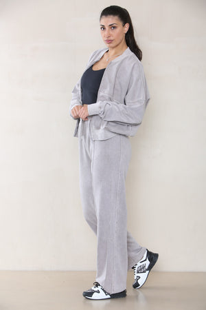 Acid Wash Bomber Style Oversize Fleece Zipper & Jogger Set - Sara - Storm Desire