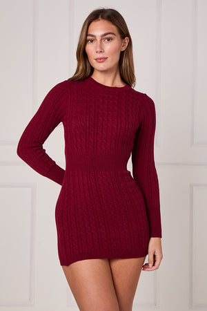 Cable-knit long sleeve mini dress with fitted waist, deep red/burgundy