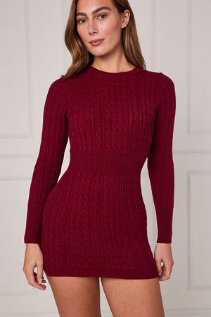 Cable-knit long sleeve mini dress with textured stitch pattern, deep red/burgundy