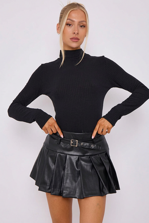 Black faux-leather pleated skort with buckle belt, front view