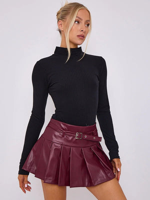 Wine faux-leather pleated skort with belt, front view