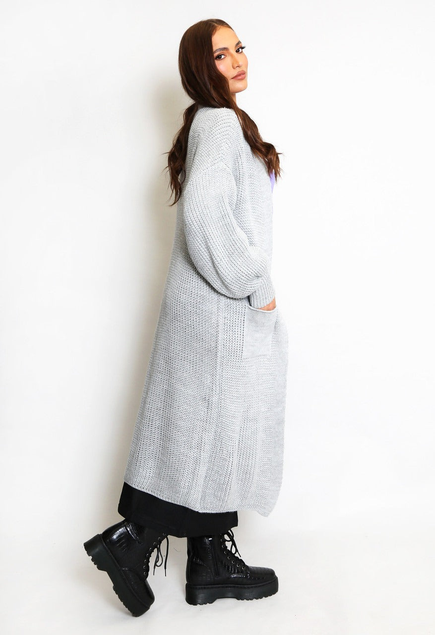 Grey Oversize Longline Knitted Cardigan - Kori - Storm Desire