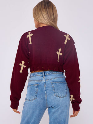 Wine red knitted crop jumper back view with gold crucifix motifs, long ribbed sleeves