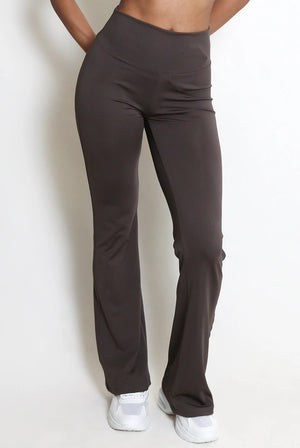 Ruched push-up flare trousers, brown, front view with gathered hip panel