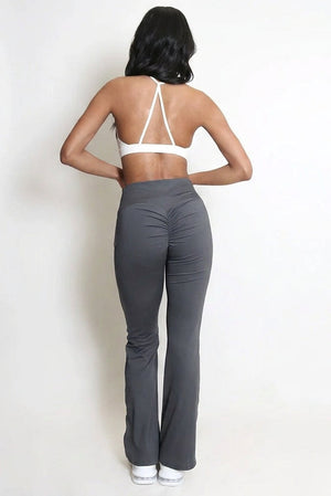 Ruched push-up flare trousers, dark grey, back view with gathered hip detail