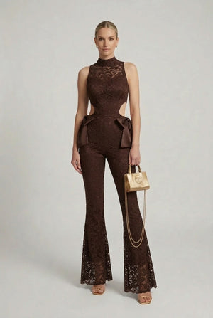 Brown lace halter jumpsuit with neck cut-out detail, flared legs and waist bow