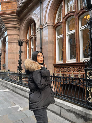 Black Natural Fur Hood Attentif Tie Up Puffer Jacket - Jemima - Storm Desire