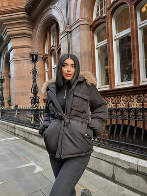 Black Natural Fur Hood Attentif Tie Up Puffer Jacket - Jemima - Storm Desire