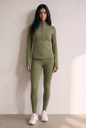 Khaki zip-up athleisure jacket and matching leggings gym set