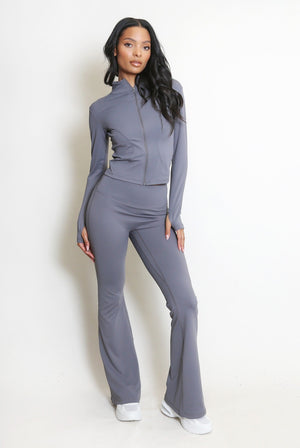 New Colour Active Zip Top And Push Up Flare Trouser Set - Hayden - Storm Desire