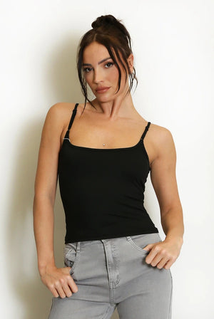Black gym cami top with thin straps and fitted scoop neckline