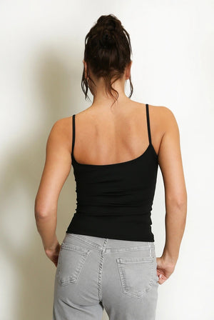 Black gym cami top with spaghetti straps, scoop back design