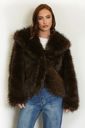Dark brown shaggy fur coat with a wide collar and long sleeves