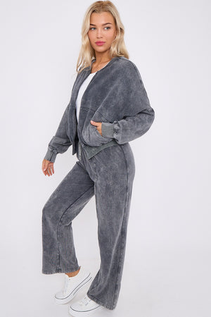 Acid Wash Bomber Style Oversize Fleece Zipper & Jogger Set - Sara - Storm Desire