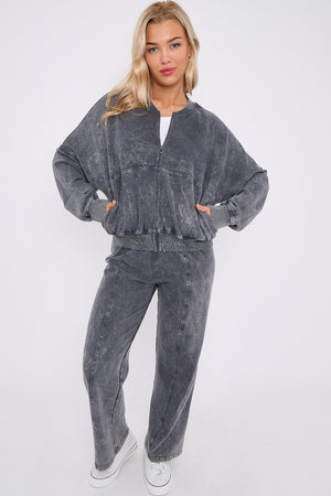 Acid Wash Bomber Style Oversize Fleece Zipper & Jogger Set - Sara - Storm Desire