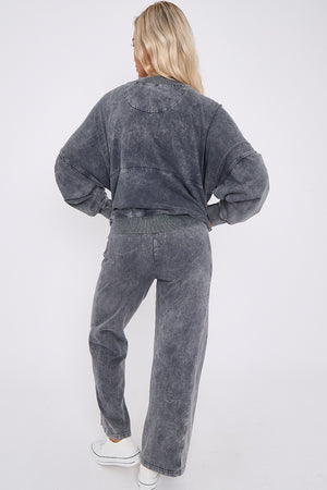 Acid Wash Bomber Style Oversize Fleece Zipper & Jogger Set - Sara - Storm Desire