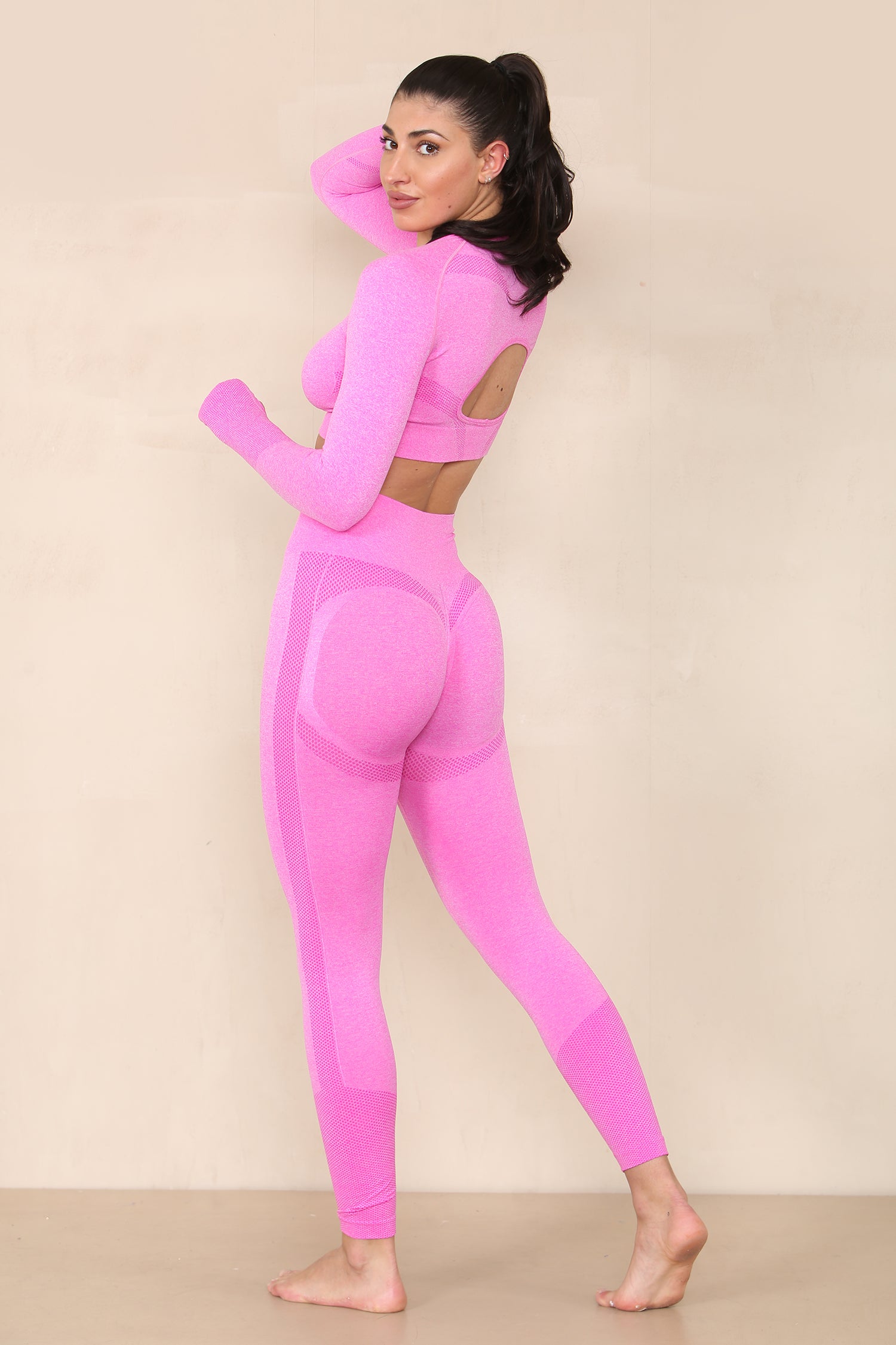 Bright Pink Cut Out Top And Push Up Legging Gym Set - Mina - Storm Desire