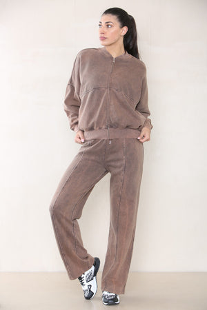 Acid Wash Bomber Style Oversize Fleece Zipper & Jogger Set - Sara - Storm Desire