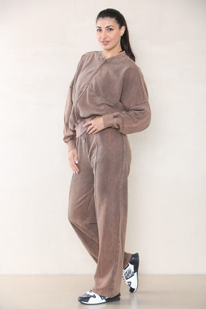 Acid Wash Bomber Style Oversize Fleece Zipper & Jogger Set - Sara - Storm Desire