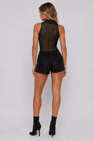 Black sequin mesh high-neck bodysuit with matching high-shine shorts, back view