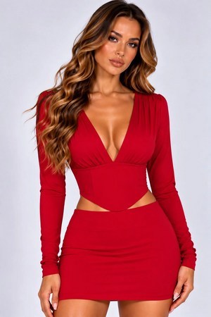 Red plunge-neck long-sleeve top and mini skirt co-ord set, close-up