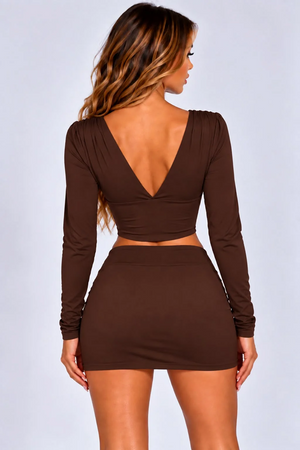 Brown plunge-back long-sleeve crop top with mini skirt co-ord set, back view