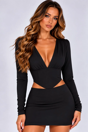 Black plunge-neck long-sleeve top and mini skirt co-ord set, close-up