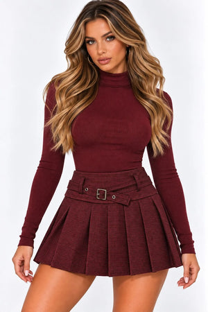 Wine houndstooth pleated mini skirt with belt, gathered pleats