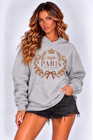 Oversized light gray hoodie with Paris crest print, drawstring hood and front pocket