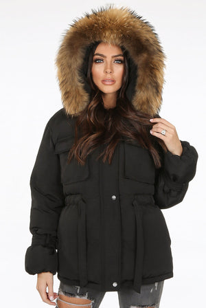 Black Natural Fur Hood Attentif Tie Up Puffer Jacket - Jemima - Storm Desire