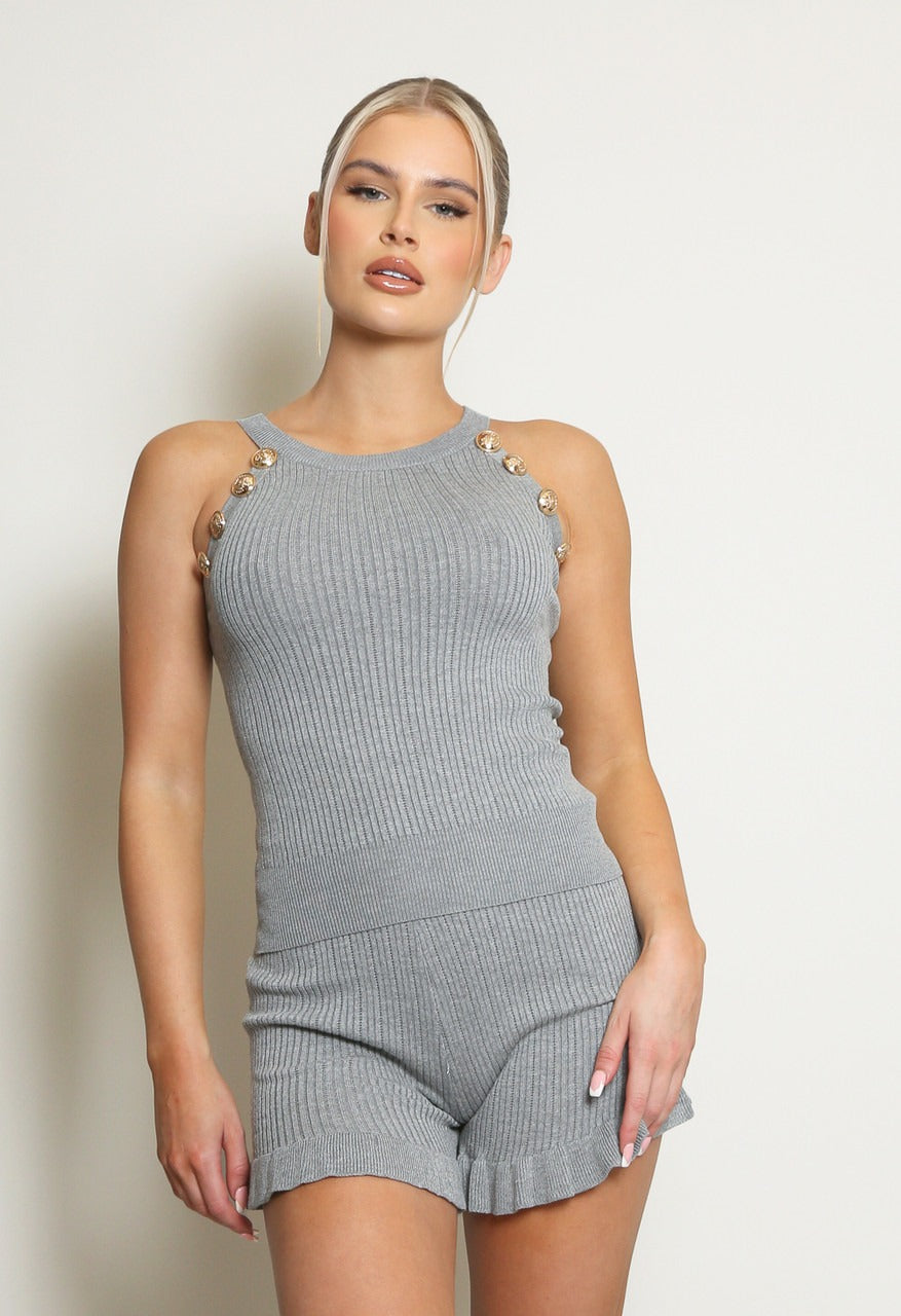 Grey Ribbed Gold Button Top & Shorts Set - Adelyn - Storm Desire