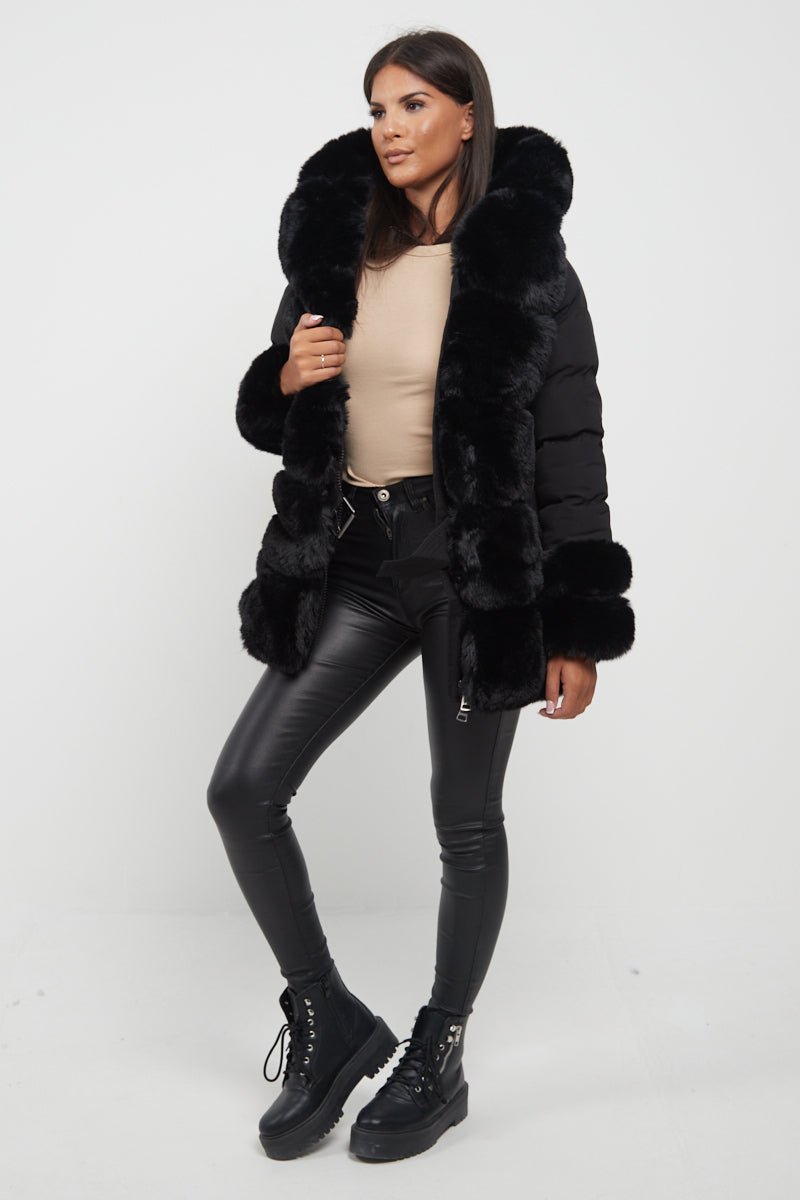 Black Mid Length Belted Faux Fur Trim Puffer Coat - Averie - Storm Desire