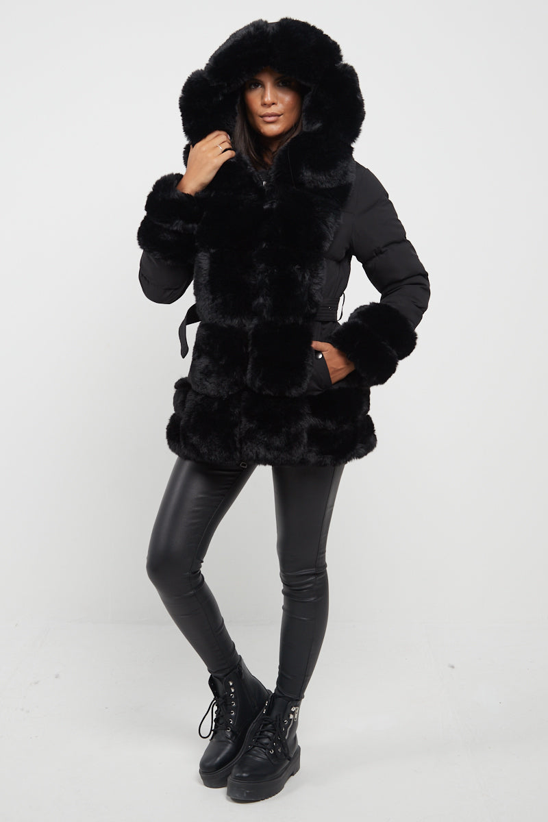 Black Mid Length Belted Faux Fur Trim Puffer Coat - Averie - Storm Desire