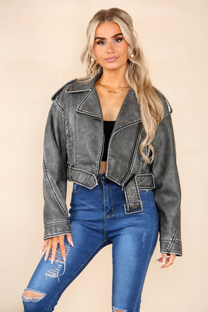 Grey Faux Leather Zipped Biker Jacket - Stormi - Storm Desire
