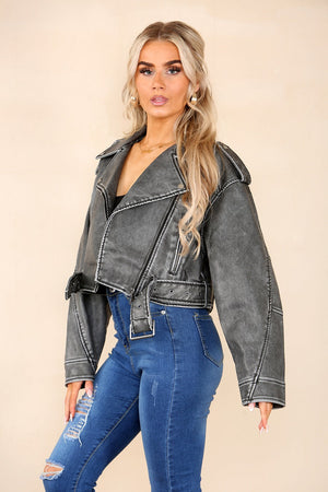 Grey Faux Leather Zipped Biker Jacket - Stormi - Storm Desire