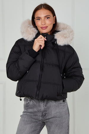 Black faux fur hood puffer jacket, front view, full-zip with quilted puffer design