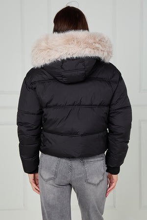 Black faux fur hood puffer jacket, back view, full-zip with quilted padding