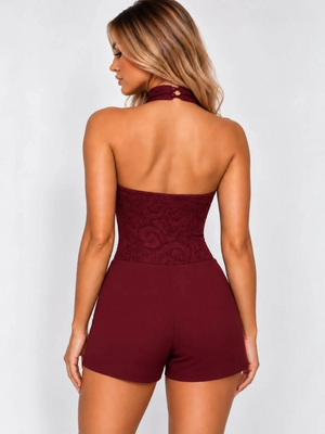 Wine lace halter neck bodysuit with matching high-rise shorts, open back view.