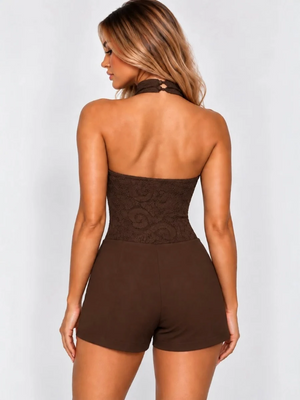 Brown lace halter neck bodysuit with matching high-rise shorts, open back view.