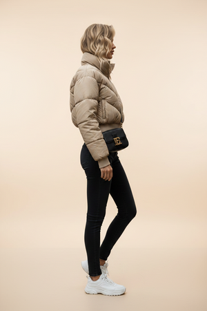 Back view of hooded puffer jacket, olive, diamond quilting, long sleeves