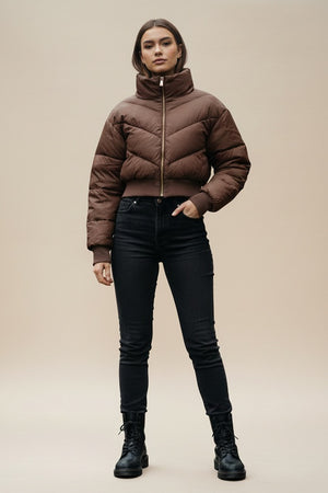 Front view hooded puffer jacket, dark brown, diamond quilting, zip closure