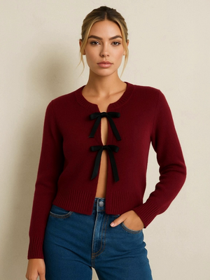 Wine red knitted lace-up cardigan with black bow ties at center front, long sleeves