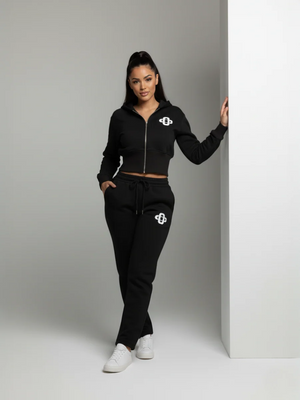 Black cropped zip hoodie and jogger set with drawstring waist and chest logo