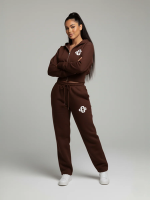 Brown cropped zip hoodie and jogger set with drawstring waist and front logo