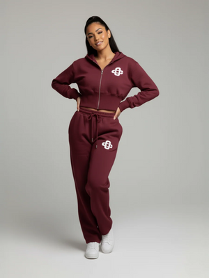 Wine cropped zip hoodie and jogger set with drawstring waist and front logo
