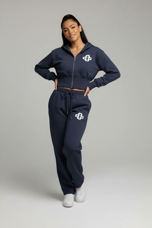 Navy cropped zip hoodie and jogger set with drawstring waist and front logo