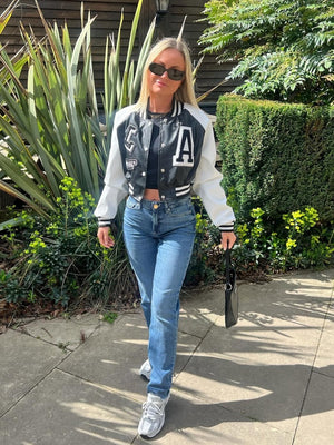 Faux Leather Crop Varsity Jacket - Sofia - Storm Desire