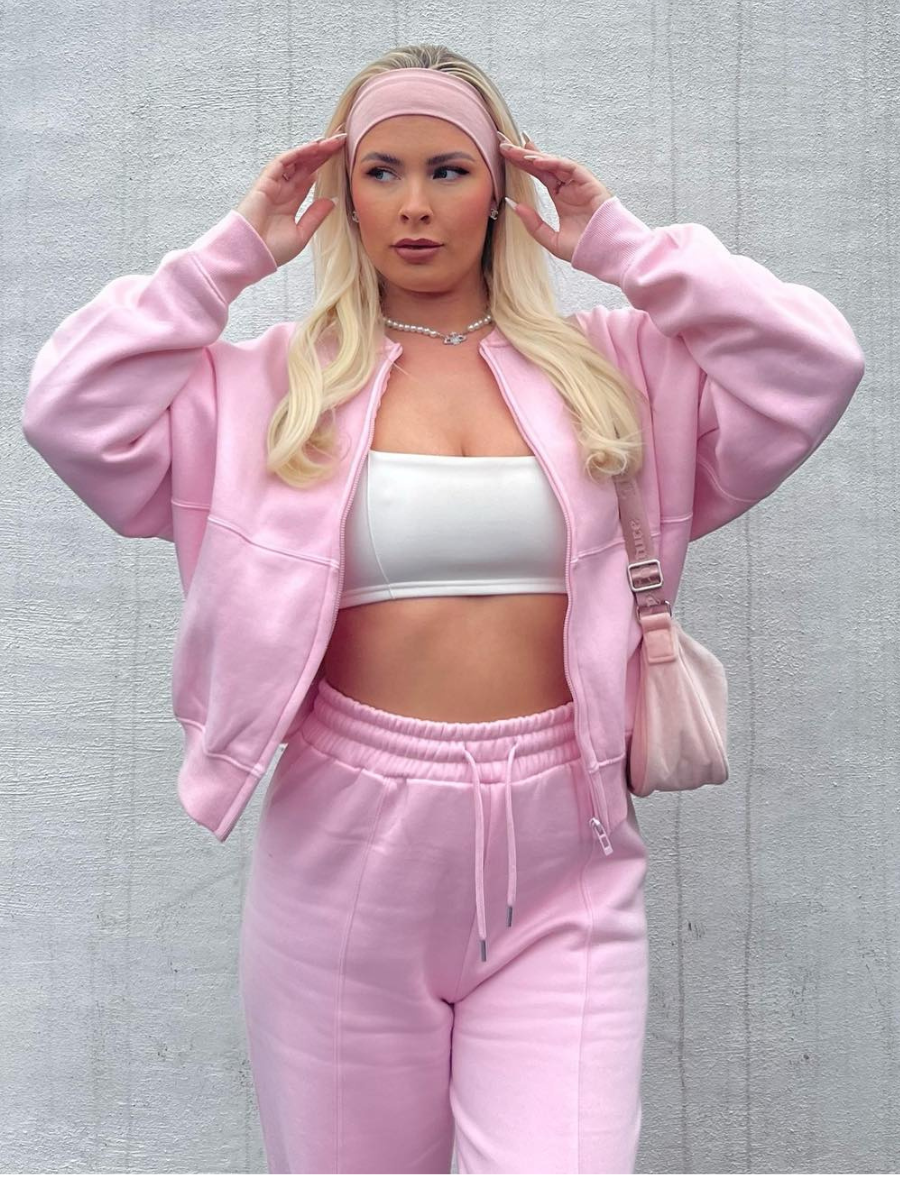 Baby Pink Bomber Style Oversize Fleece Zipper & Jogger Set - Sara