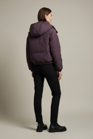 Cropped hooded puffer jacket, dark plum with hood and back panel stitching