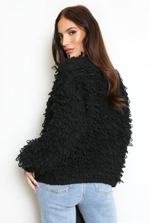 Black loop-knit cardigan with shaggy loop texture, long sleeves, button placket